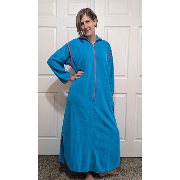 Vintage 80's David Brown for Saks Fifth Avenue Blue Velour Nightgown Maxi Size M - Picture 4 of 16